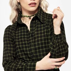 Disturbia Terra Green Cotton Check Button-Up Shirt